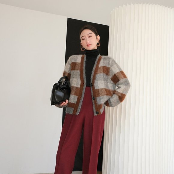 SUSHE V-neck gentle retro plaid knitted mohair cardigan NWT - Picture 2 of 6